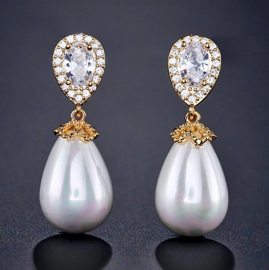 Pearl Wedding Jewelry - Pearl and Cubic Zirconia Bridal Earrings - Available in Rose Gold, Silver and Yellow Gold