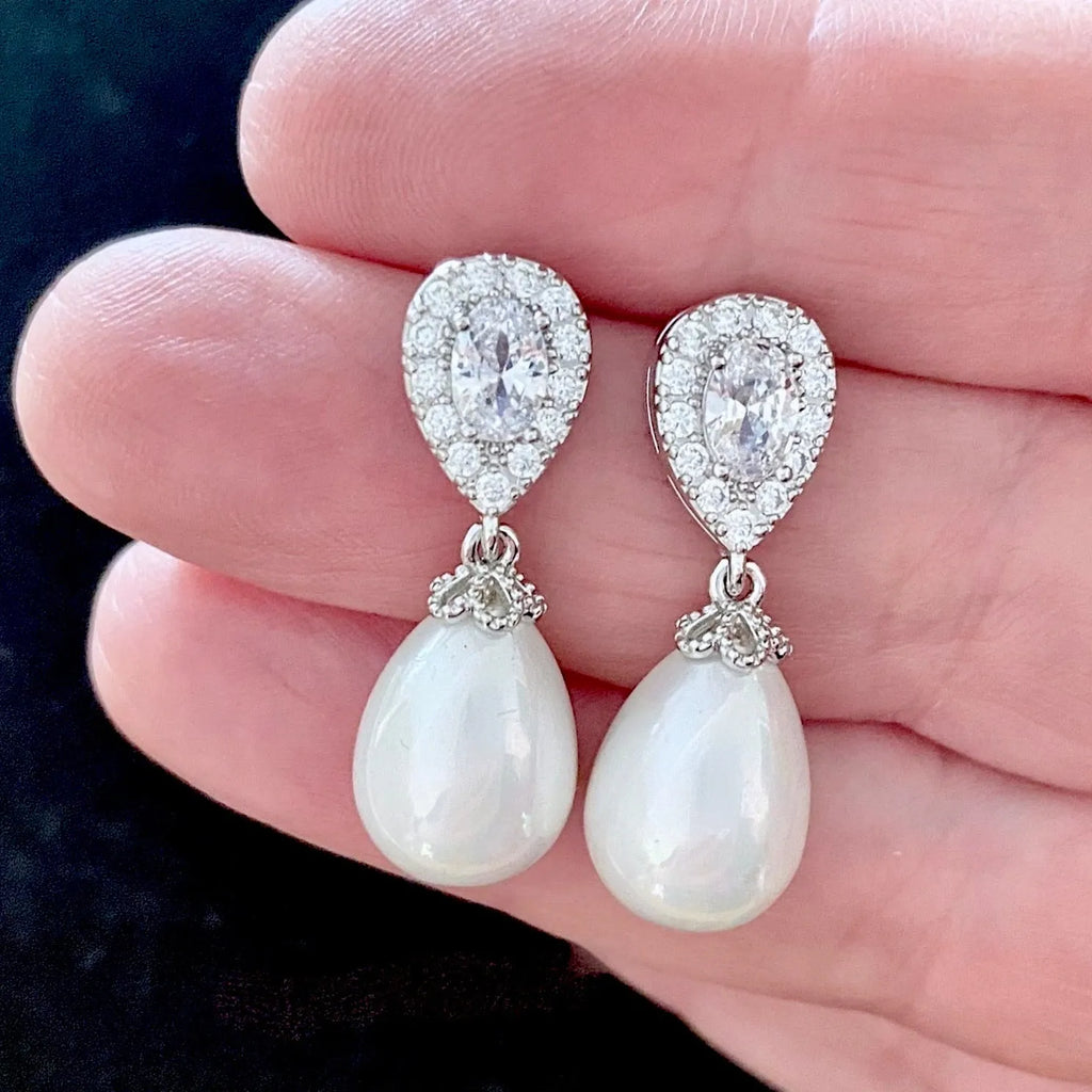 Pearl Wedding Jewelry - Pearl and Cubic Zirconia Bridal Earrings - Available in Rose Gold, Silver and Yellow Gold