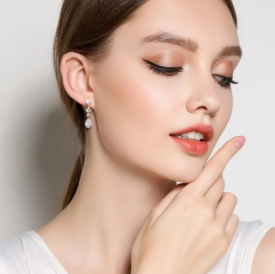 Wedding Jewelry - Pearl and Cubic Zirconia Bridal Earrings - Available in Silver, Rose Gold and Yellow Gold