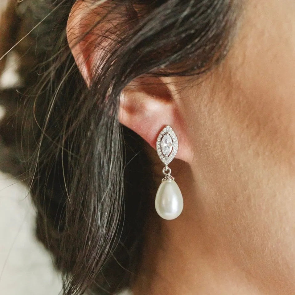 Wedding Jewelry - Pearl and Cubic Zirconia Bridal Earrings - Available in Rose Gold, Silver and Yellow Gold