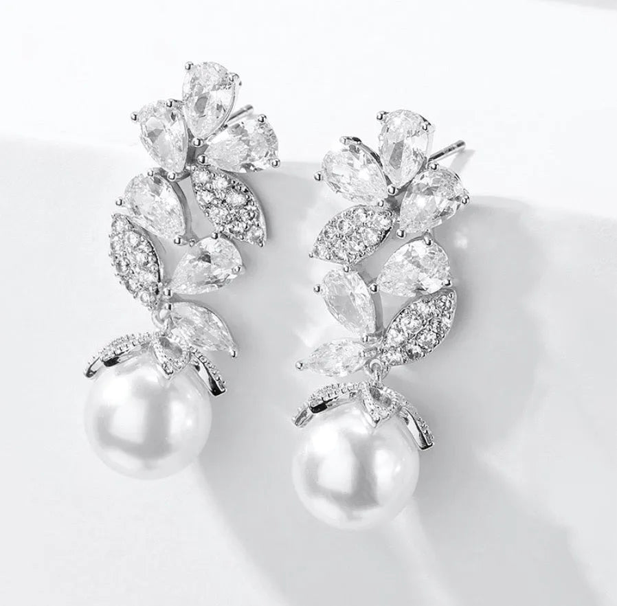 Wedding Jewelry - Pearl and Cubic Zirconia Bridal Earrings