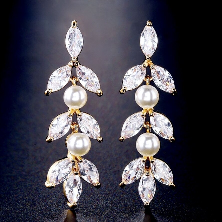 Sadie Pearl Bridal Earrings Available in Silver Rose Gold and Yellow Gold