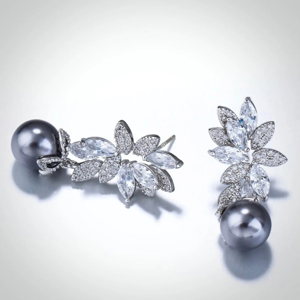 Wedding Jewelry - Gray Pearl and Cubic Zirconia Bridal Earrings