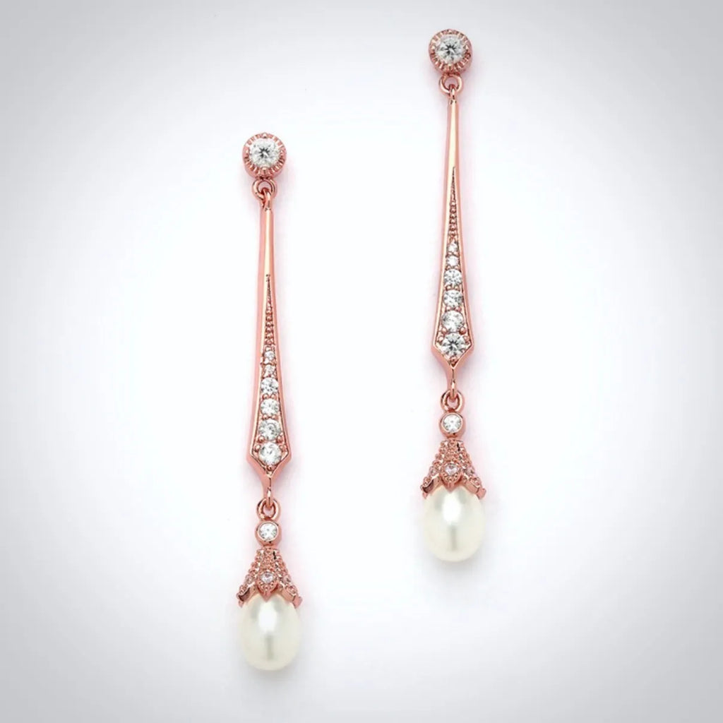 Wedding Jewelry - Art Deco Pearl and Cubic Zirconia Bridal Earrings - Available in Silver, Rose Gold and Yellow Gold