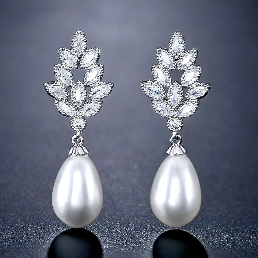 Pearl Wedding Jewelry - Pearl and Cubic Zirconia Bridal Earrings - Available in Gold, Silver and Rose Gold