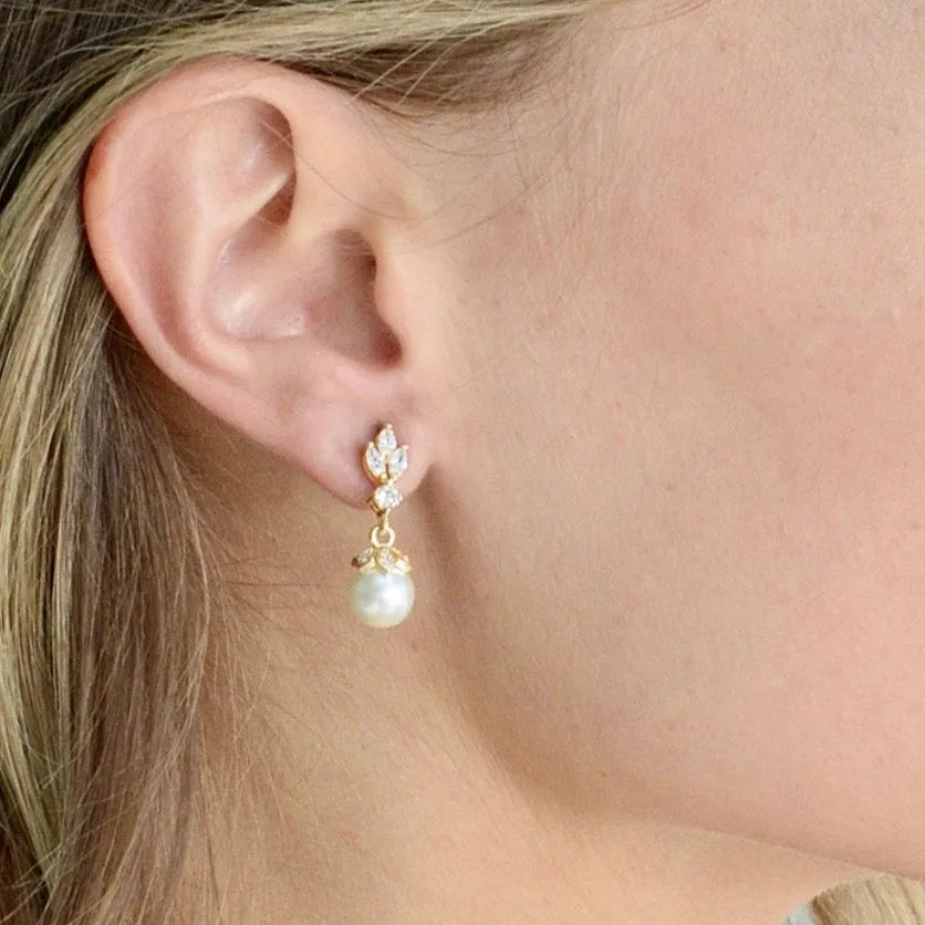 Pearl Wedding Jewelry - Pearl and Cubic Zirconia Bridal Earrings - Available in Rose Gold, Silver and Yellow Gold