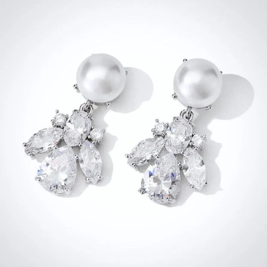 Wedding Jewelry - Pearl and Cubic Zirconia Bridal Earrings