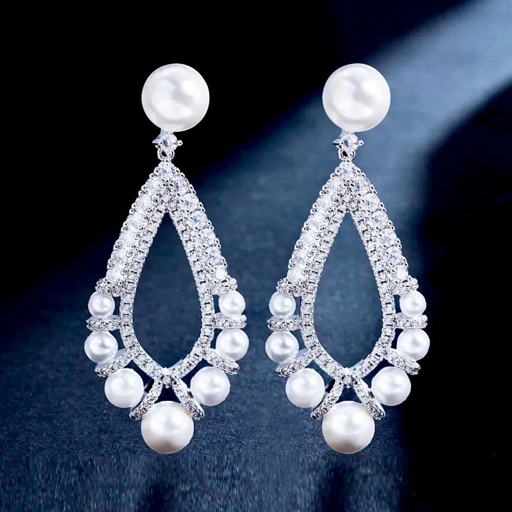 Pearl Wedding Jewelry - Pearl and Cubic Zirconia Bridal Earrings