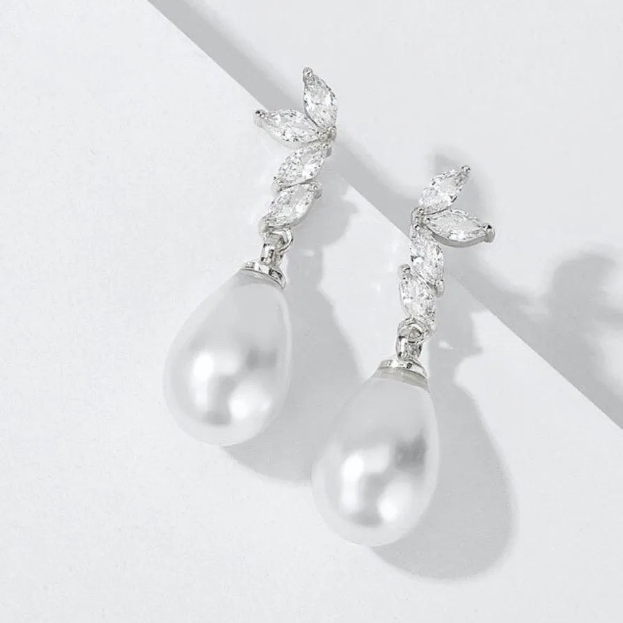 Pearl Wedding Jewelry - Pearl and Cubic Zirconia Bridal Earrings - Available in Rose Gold, Silver and Yellow Gold