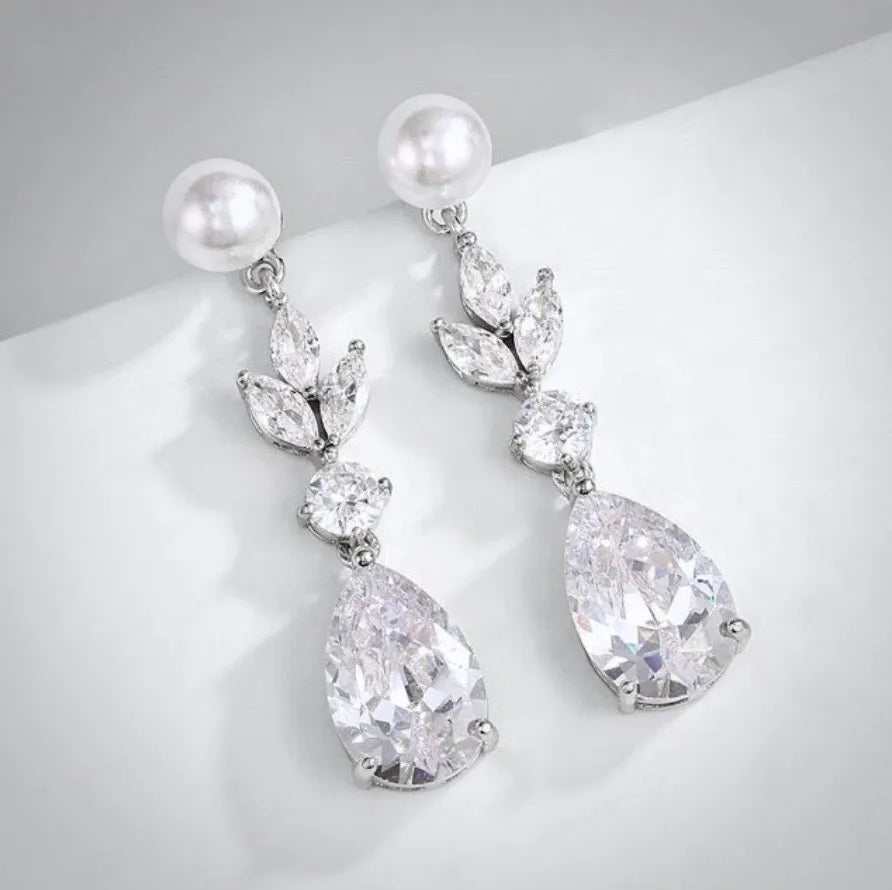 Wedding Jewelry - Pearl and Cubic Zirconia Bridal Earrings - Available in Silver, Rose Gold and Yellow Gold