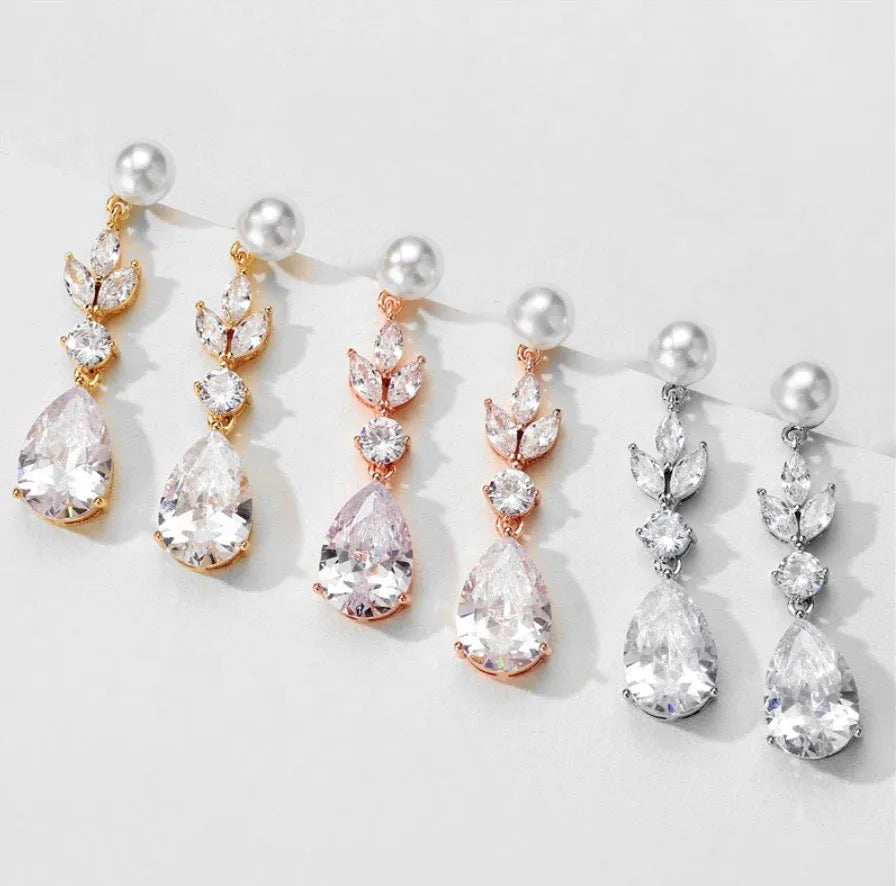 Wedding Jewelry - Pearl and Cubic Zirconia Bridal Earrings - Available in Silver, Rose Gold and Yellow Gold