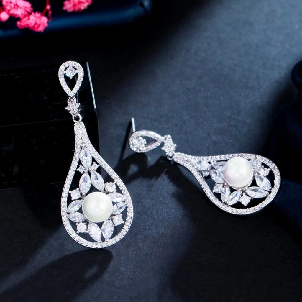 Pearl Wedding Jewelry - Pearl and Cubic Zirconia Bridal Earrings
