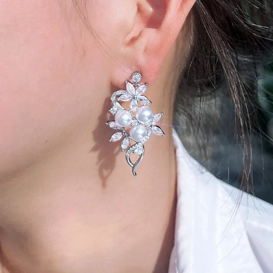 Wedding Jewelry - Pearl and Cubic Zirconia Bridal Earrings