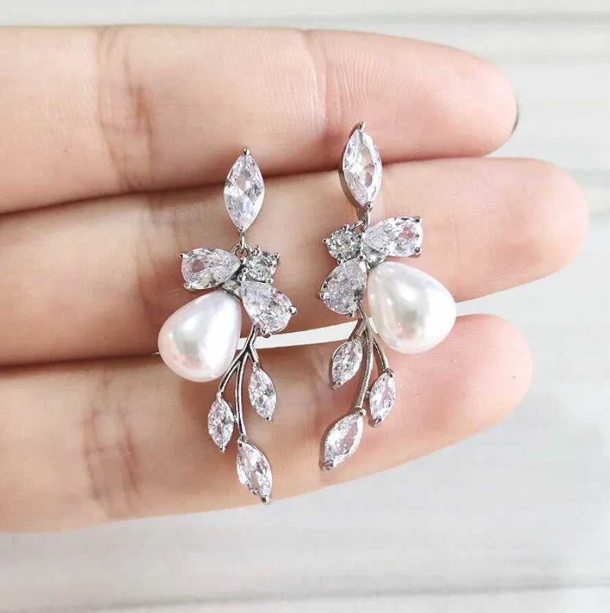 Wedding Jewelry - Pearl and Cubic Zirconia Bridal Earrings - Available in Rose Gold and Silver