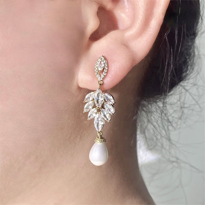 Pearl Wedding Jewelry - Pearl and Cubic Zirconia Bridal Earrings - Available in Gold and Silver