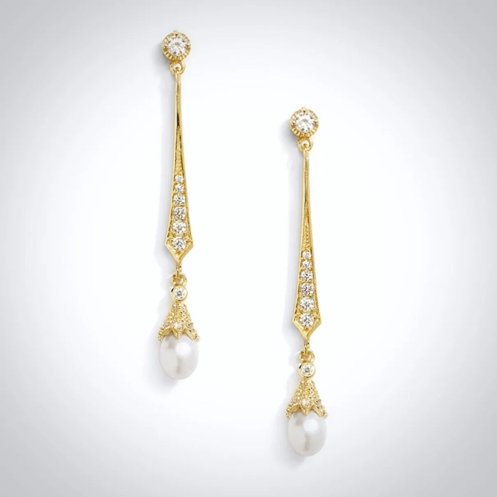 Wedding Jewelry - Art Deco Pearl and Cubic Zirconia Bridal Earrings - Available in Silver, Rose Gold and Yellow Gold