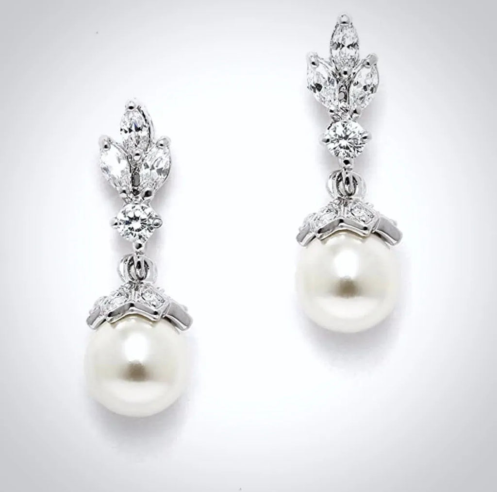 Pearl Wedding Jewelry - Pearl and Cubic Zirconia Bridal Earrings - Available in Rose Gold, Silver and Yellow Gold
