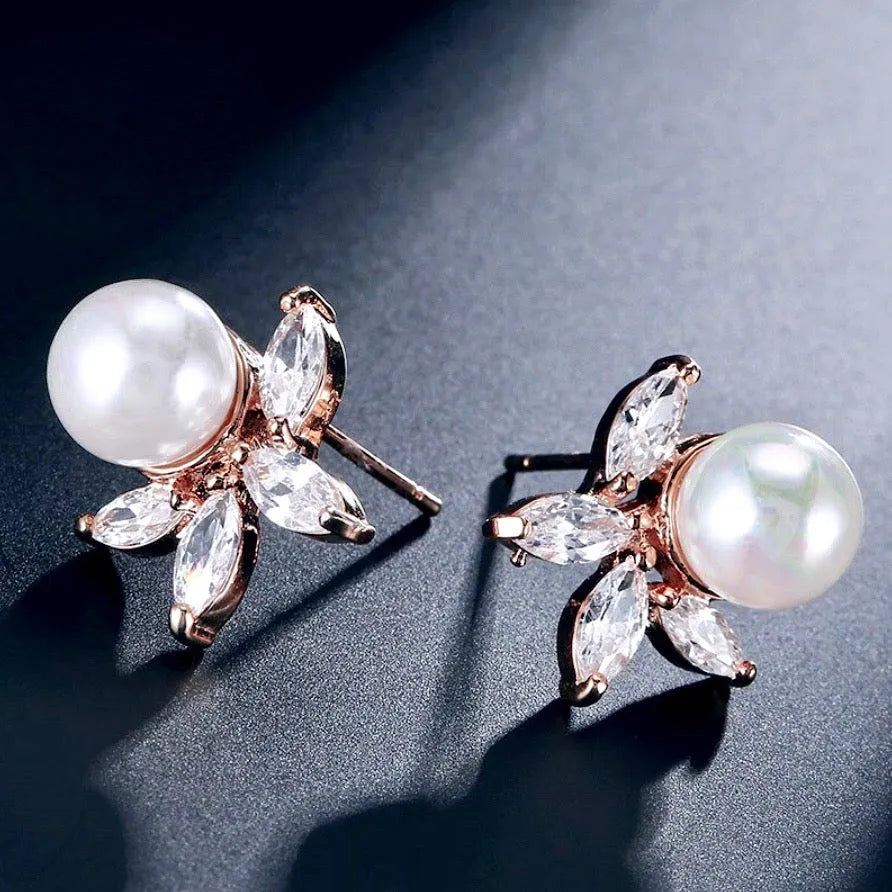 Wedding Jewelry - Pearl and Cubic Zirconia Bridal Earrings - Available in Silver, Rose Gold and Yellow Gold