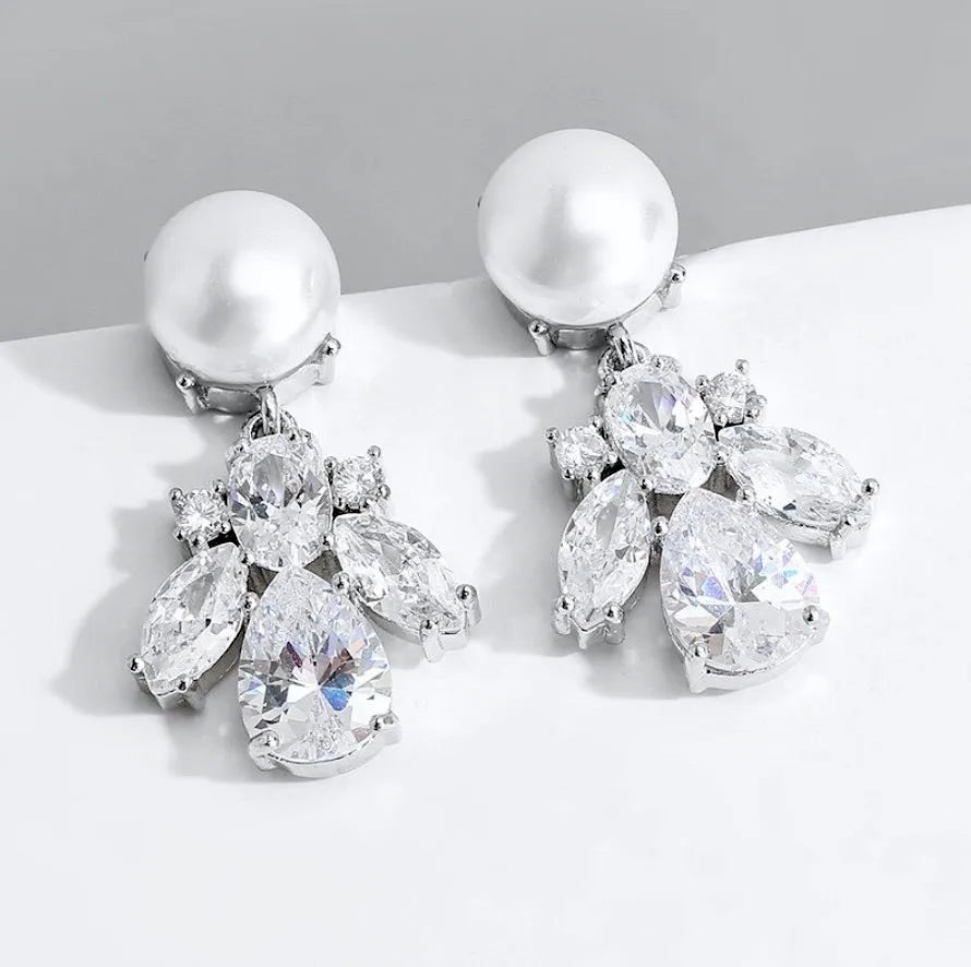 Wedding Jewelry - Pearl and Cubic Zirconia Bridal Earrings