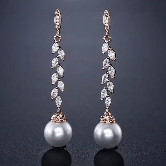 Wedding Jewelry - Pearl and Cubic Zirconia Bridal Earrings - Available in Silver and Rose Gold