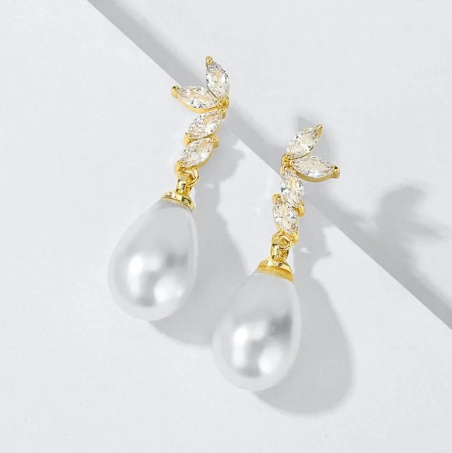 Pearl Wedding Jewelry - Pearl and Cubic Zirconia Bridal Earrings - Available in Rose Gold, Silver and Yellow Gold