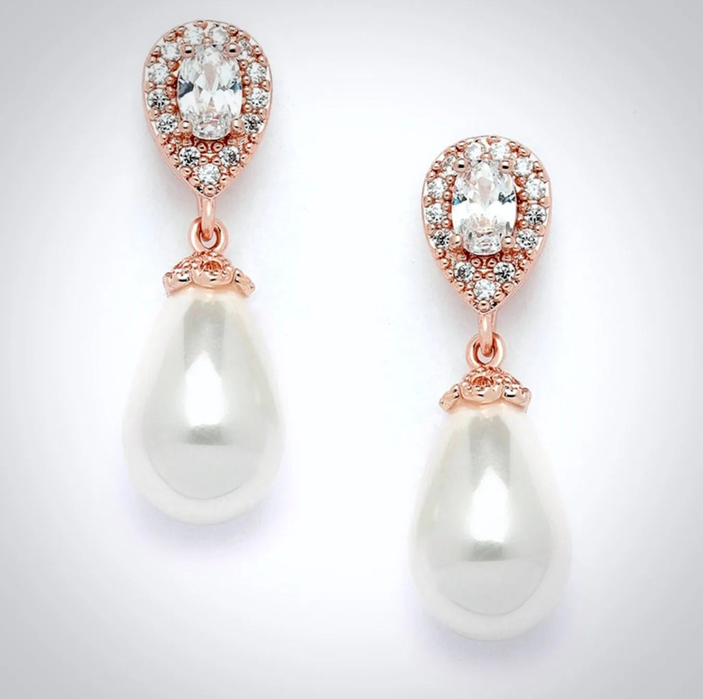 Pearl Wedding Jewelry - Pearl and Cubic Zirconia Bridal Earrings - Available in Rose Gold, Silver and Yellow Gold