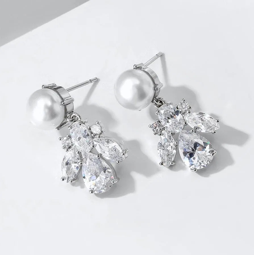 Wedding Jewelry - Pearl and Cubic Zirconia Bridal Earrings