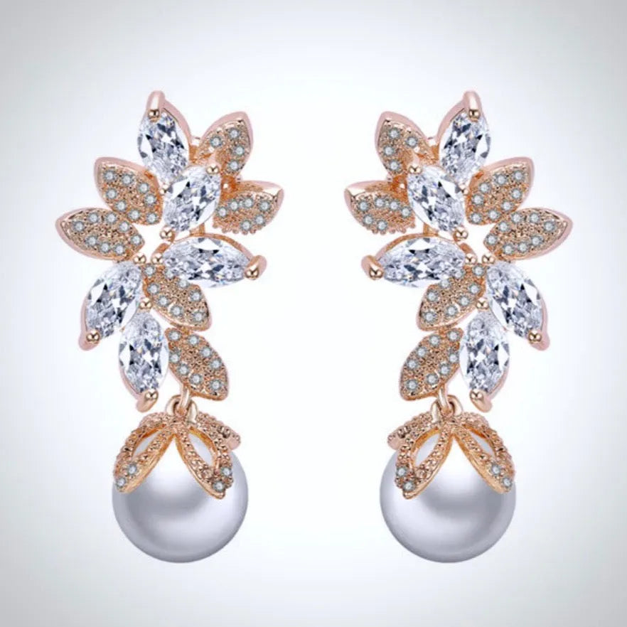 Wedding Jewelry - Pearl and Cubic Zirconia Bridal Earrings - Available in Silver, Rose Gold and Yellow Gold