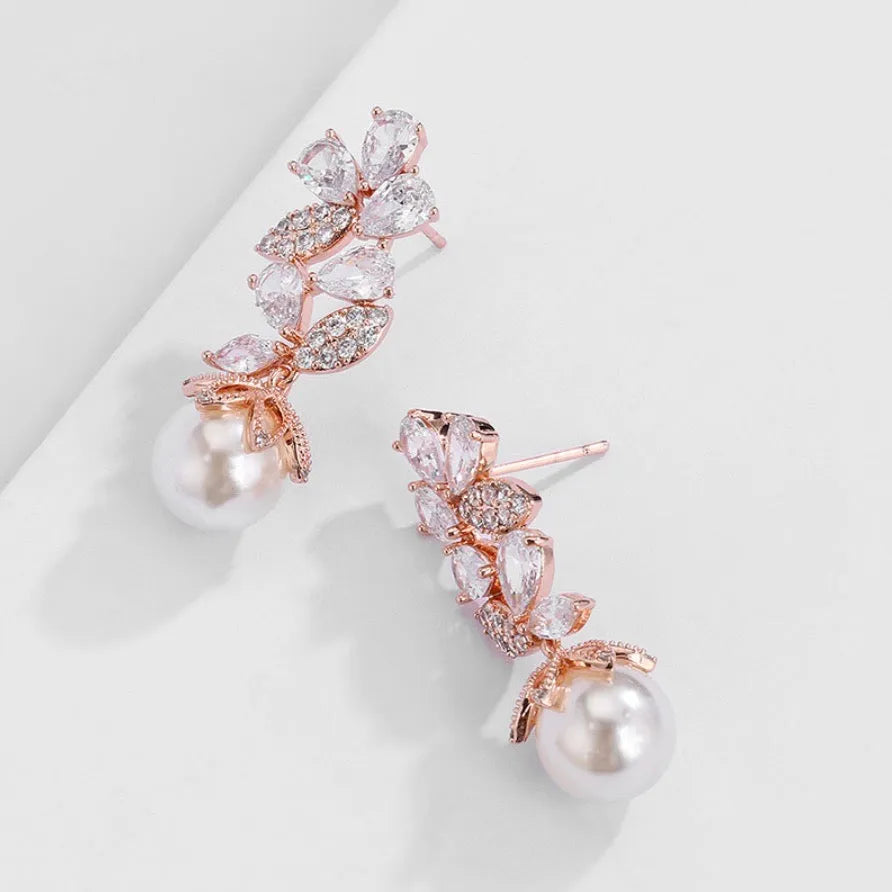 Wedding Jewelry - Pearl and Cubic Zirconia Bridal Earrings