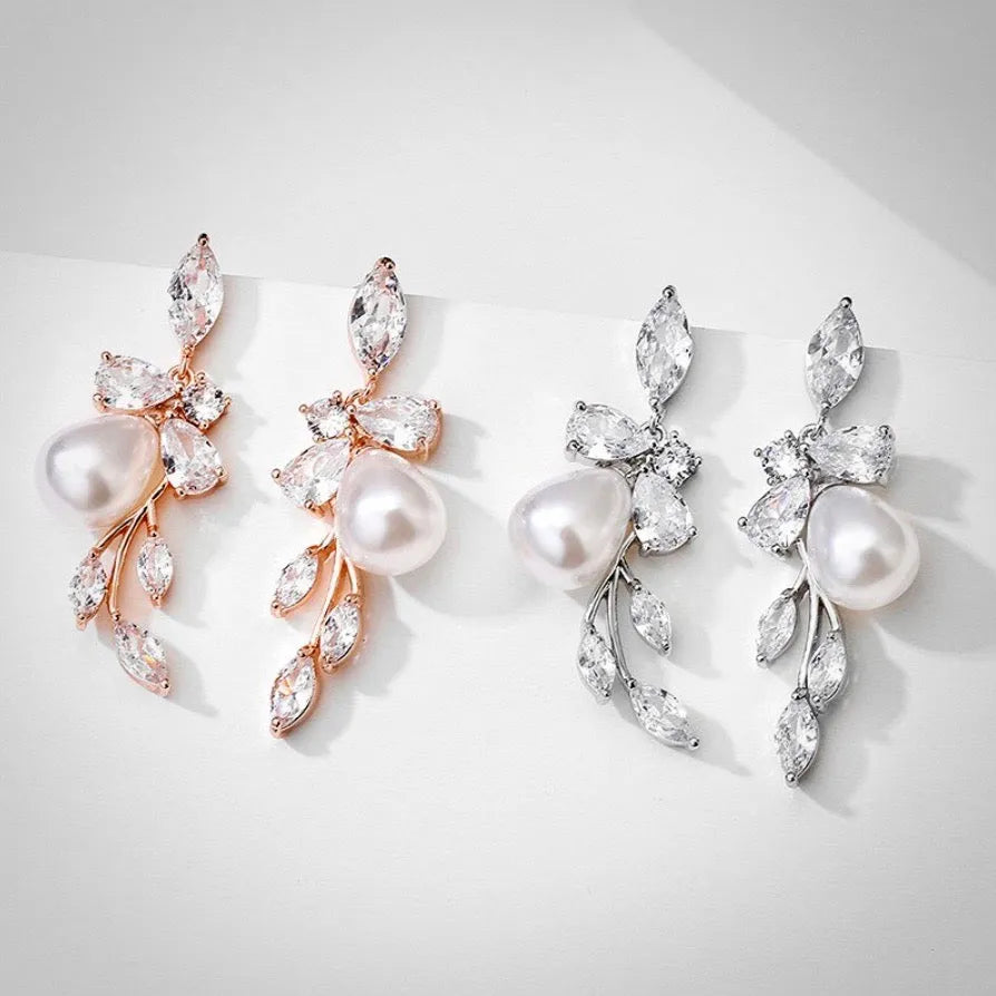 Wedding Jewelry - Pearl and Cubic Zirconia Bridal Earrings - Available in Rose Gold and Silver