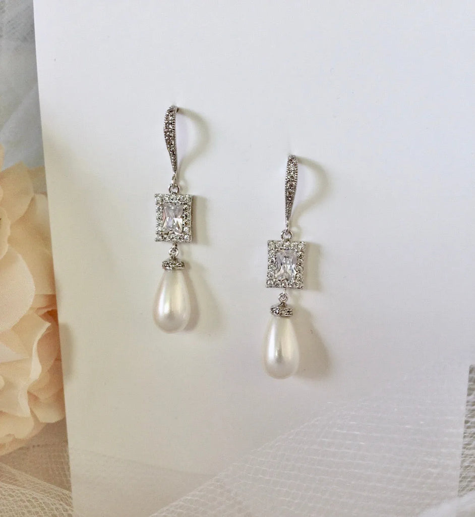 Pearl Wedding Jewelry - Pearl and CZ Bridal Earrings - Available in Silver and Yellow Gold