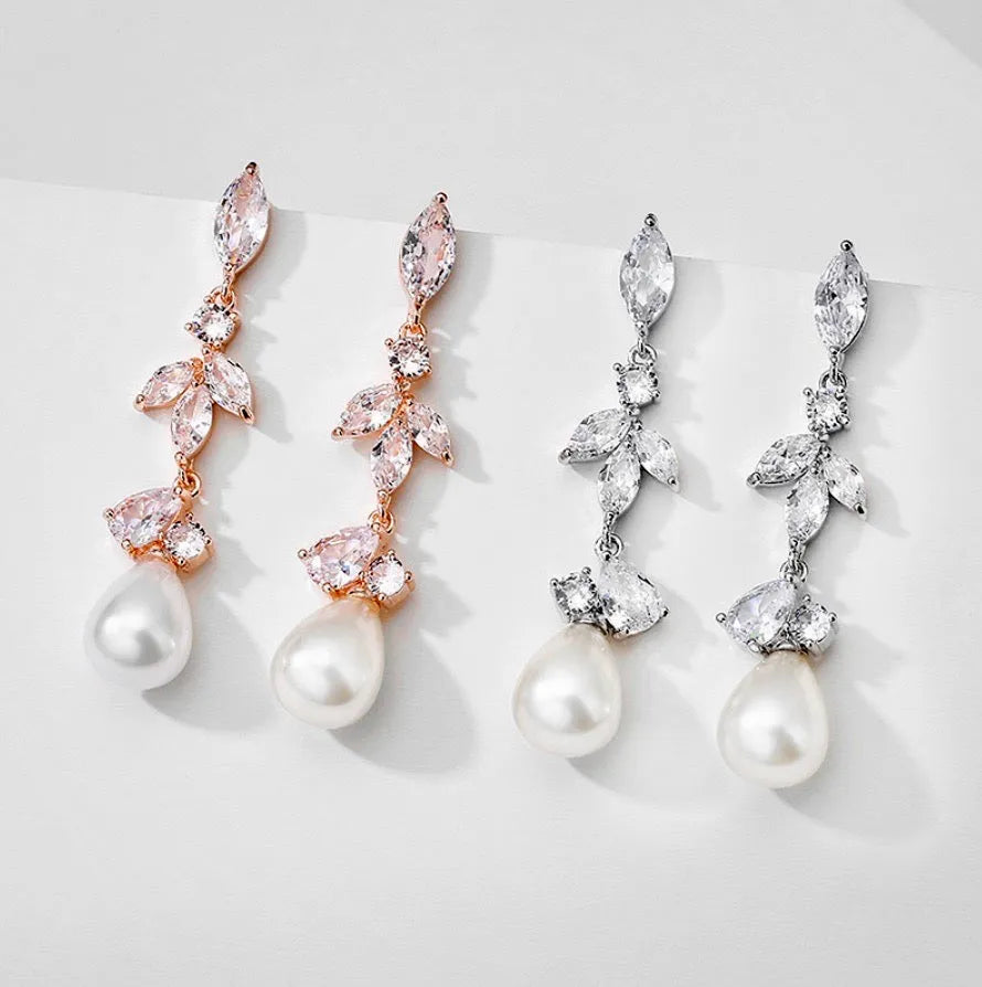 Wedding Jewelry - Pearl and Cubic Zirconia Bridal Earrings - Available in Rose Gold and Silver
