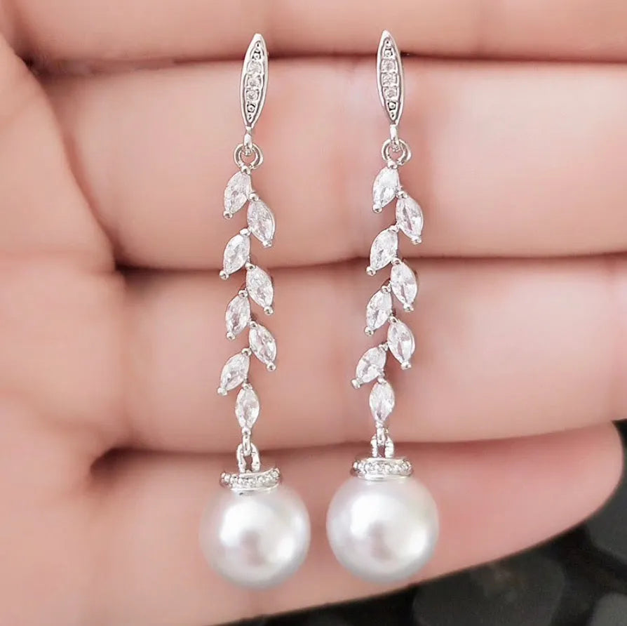 Wedding Jewelry - Pearl and Cubic Zirconia Bridal Earrings - Available in Silver and Rose Gold