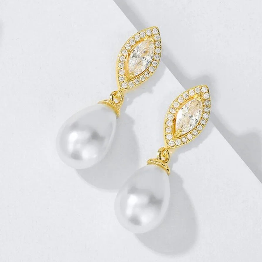 Wedding Jewelry - Pearl and Cubic Zirconia Bridal Earrings - Available in Rose Gold, Silver and Yellow Gold
