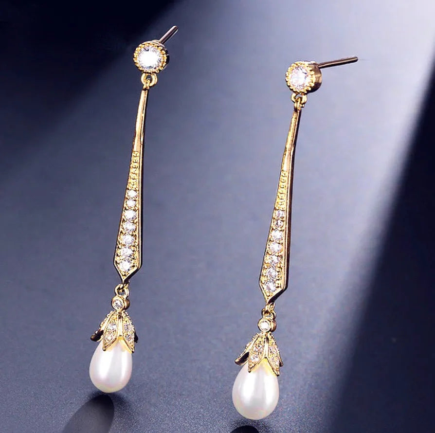 Wedding Jewelry - Art Deco Pearl and Cubic Zirconia Bridal Earrings - Available in Silver, Rose Gold and Yellow Gold