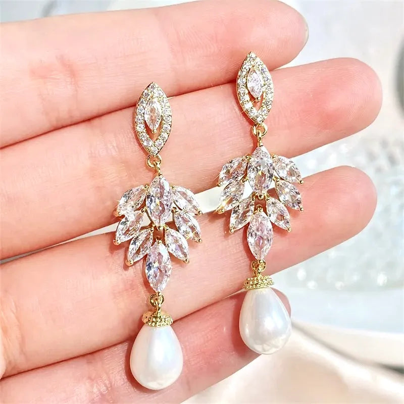 Pearl Wedding Jewelry - Pearl and Cubic Zirconia Bridal Earrings - Available in Gold and Silver