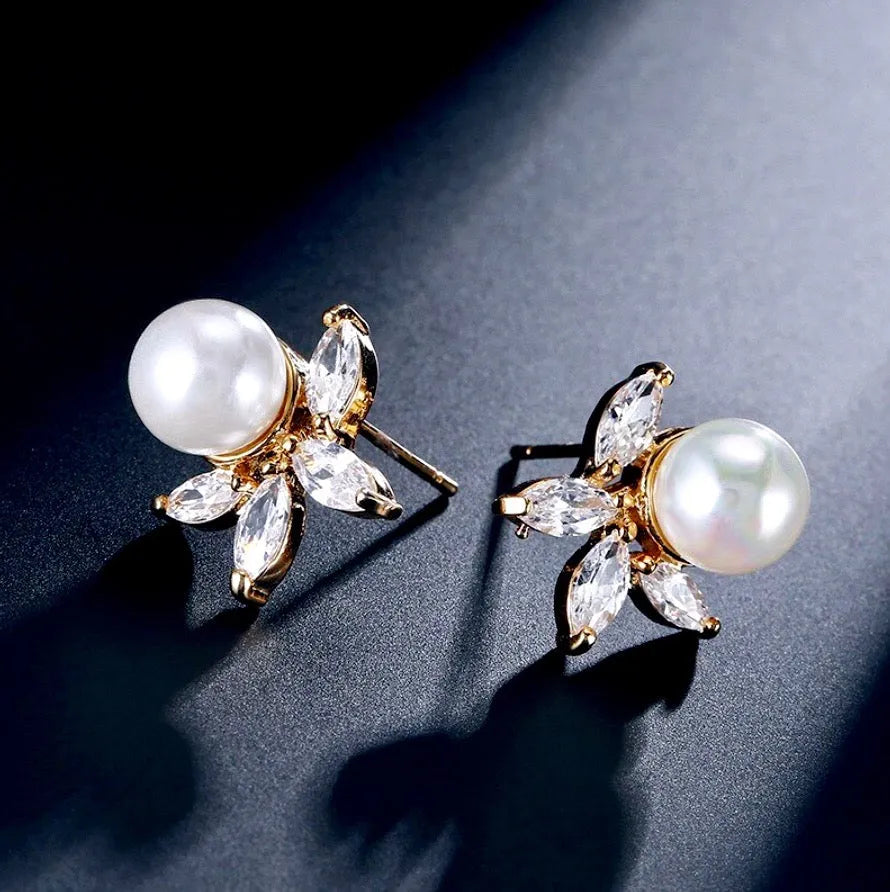 Wedding Jewelry - Pearl and Cubic Zirconia Bridal Earrings - Available in Silver, Rose Gold and Yellow Gold