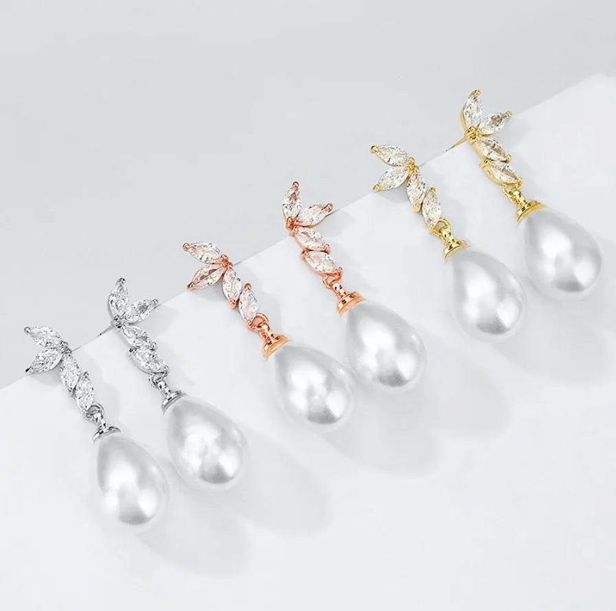 Pearl Wedding Jewelry - Pearl and Cubic Zirconia Bridal Earrings - Available in Rose Gold, Silver and Yellow Gold