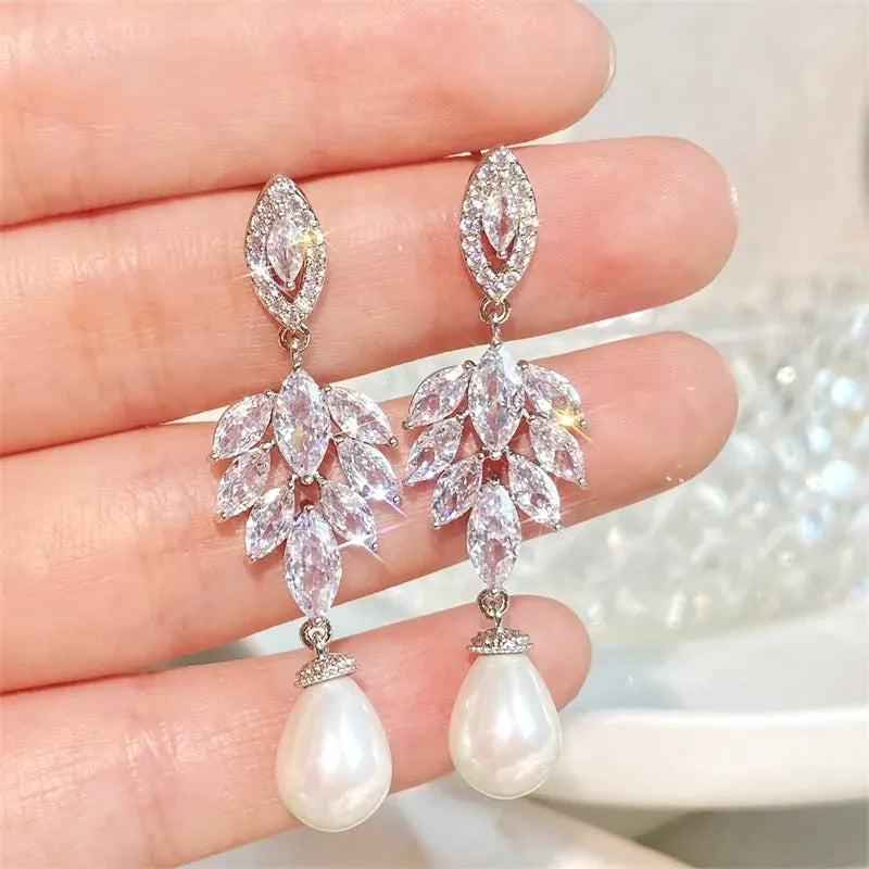 Pearl Wedding Jewelry - Pearl and Cubic Zirconia Bridal Earrings - Available in Gold and Silver