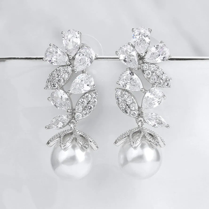 Wedding Jewelry - Pearl and Cubic Zirconia Bridal Earrings