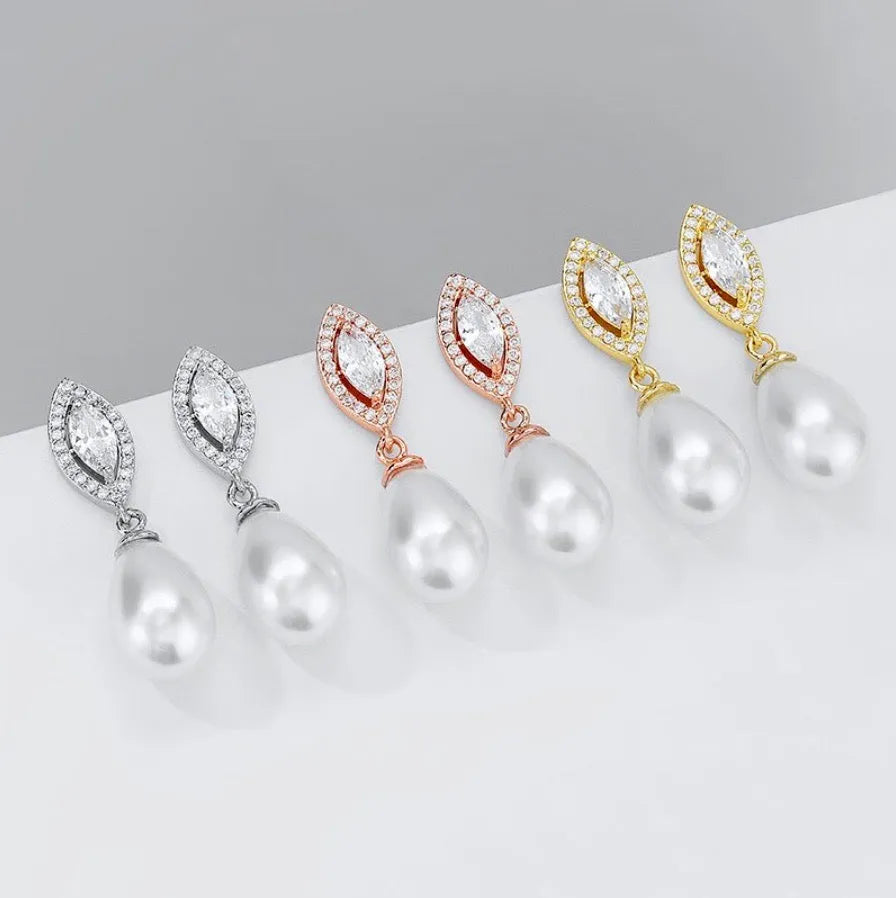Wedding Jewelry - Pearl and Cubic Zirconia Bridal Earrings - Available in Rose Gold, Silver and Yellow Gold