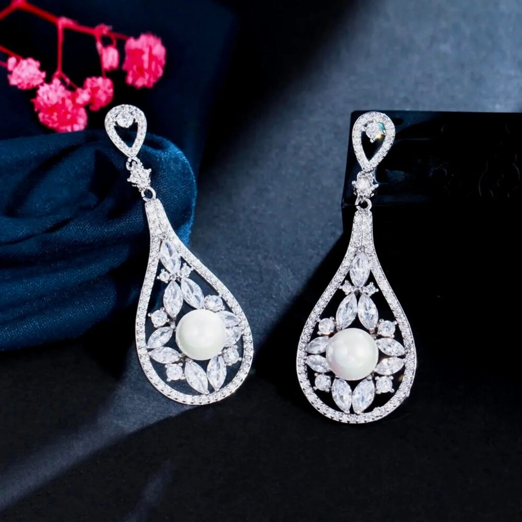 Pearl Wedding Jewelry - Pearl and Cubic Zirconia Bridal Earrings