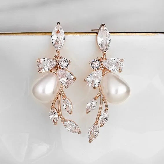 Wedding Jewelry - Pearl and Cubic Zirconia Bridal Earrings - Available in Rose Gold and Silver