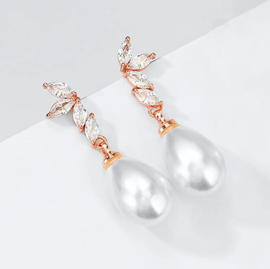Pearl Wedding Jewelry - Pearl and Cubic Zirconia Bridal Earrings - Available in Rose Gold, Silver and Yellow Gold