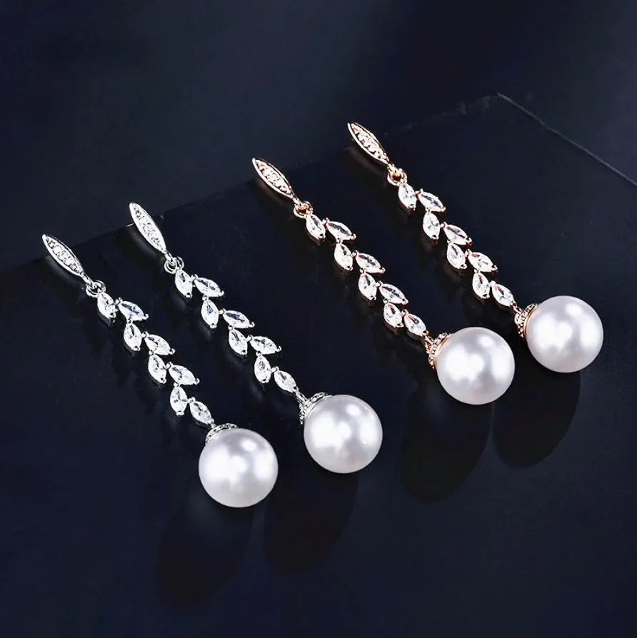 Wedding Jewelry - Pearl and Cubic Zirconia Bridal Earrings - Available in Silver and Rose Gold