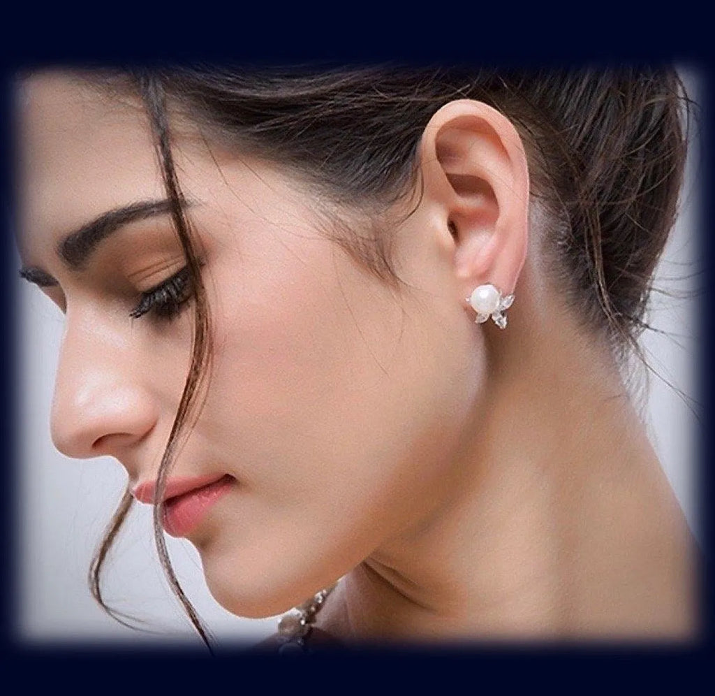 Wedding Jewelry - Pearl and Cubic Zirconia Bridal Earrings - Available in Silver, Rose Gold and Yellow Gold