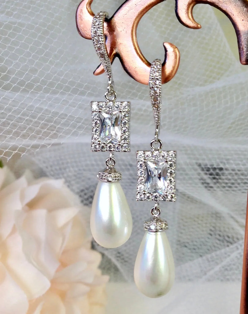 Pearl Wedding Jewelry - Pearl and CZ Bridal Earrings - Available in Silver and Yellow Gold