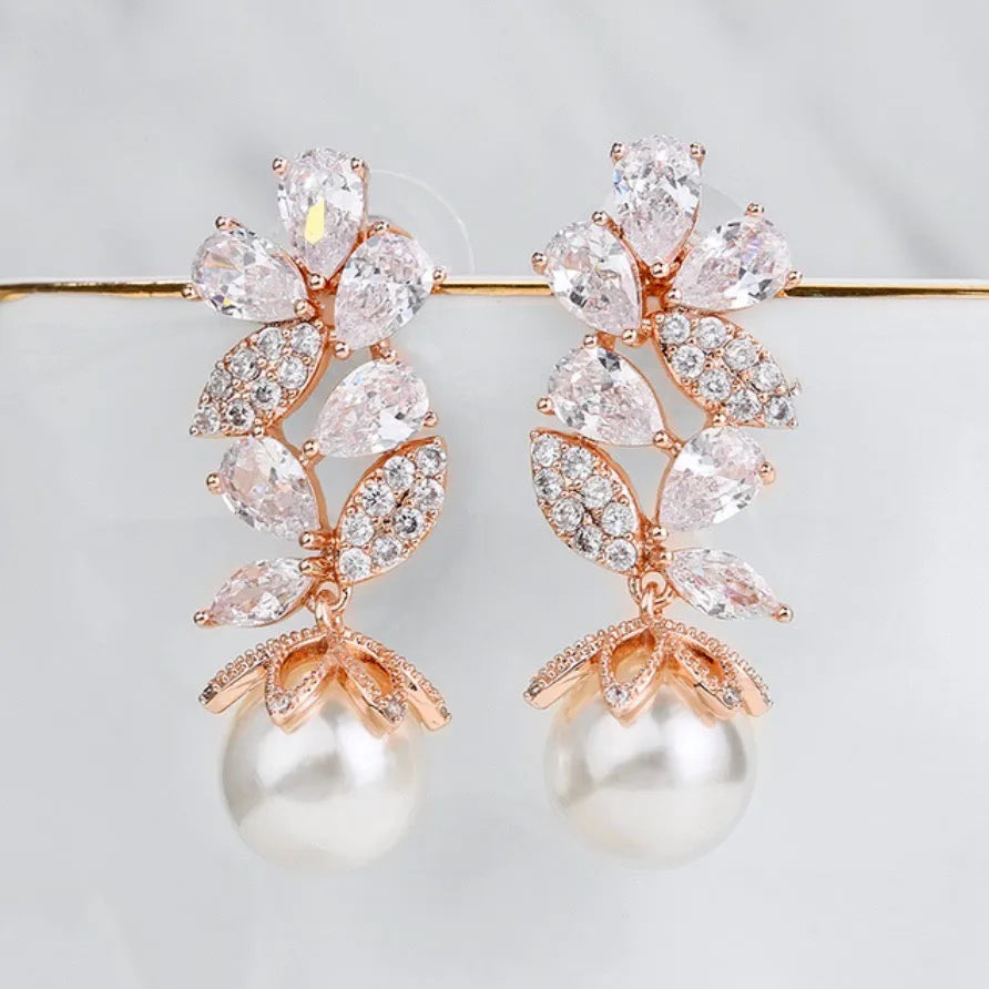 Wedding Jewelry - Pearl and Cubic Zirconia Bridal Earrings