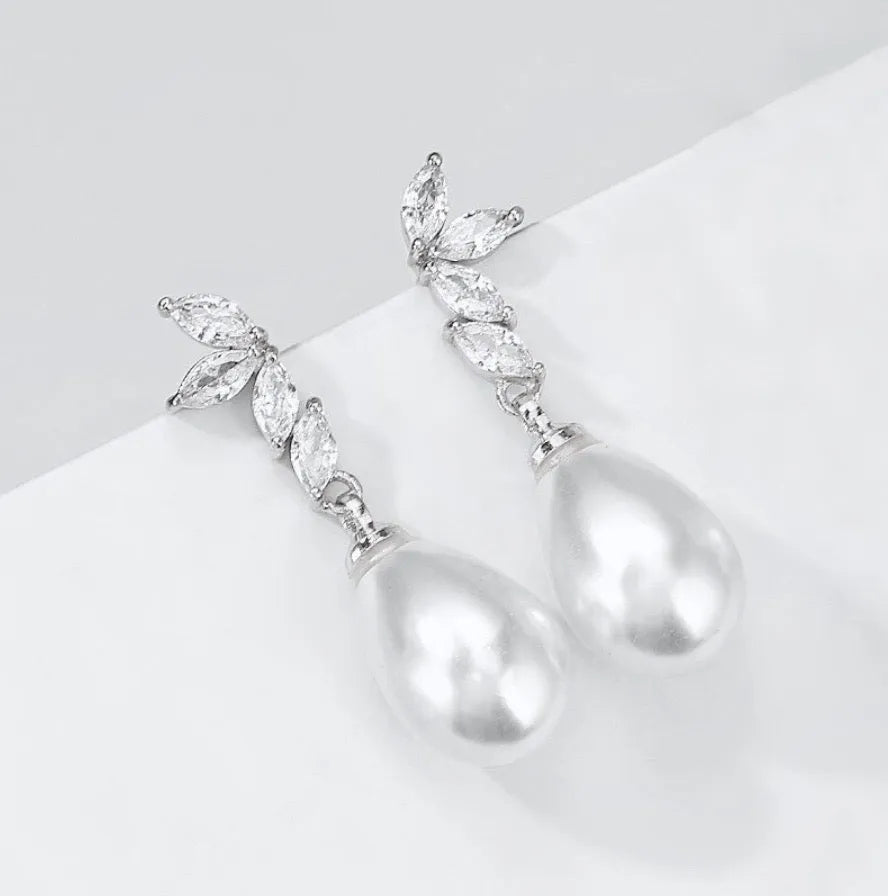 Pearl Wedding Jewelry - Pearl and Cubic Zirconia Bridal Earrings - Available in Rose Gold, Silver and Yellow Gold