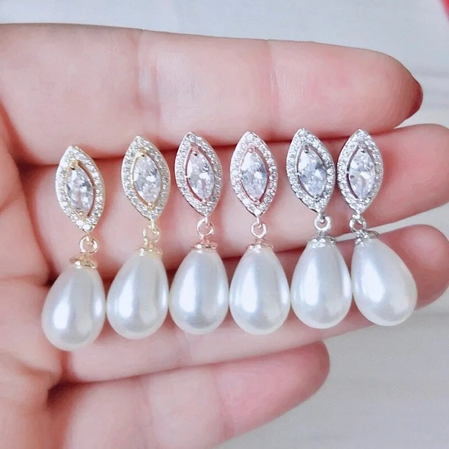 Wedding Jewelry - Pearl and Cubic Zirconia Bridal Earrings - Available in Rose Gold, Silver and Yellow Gold